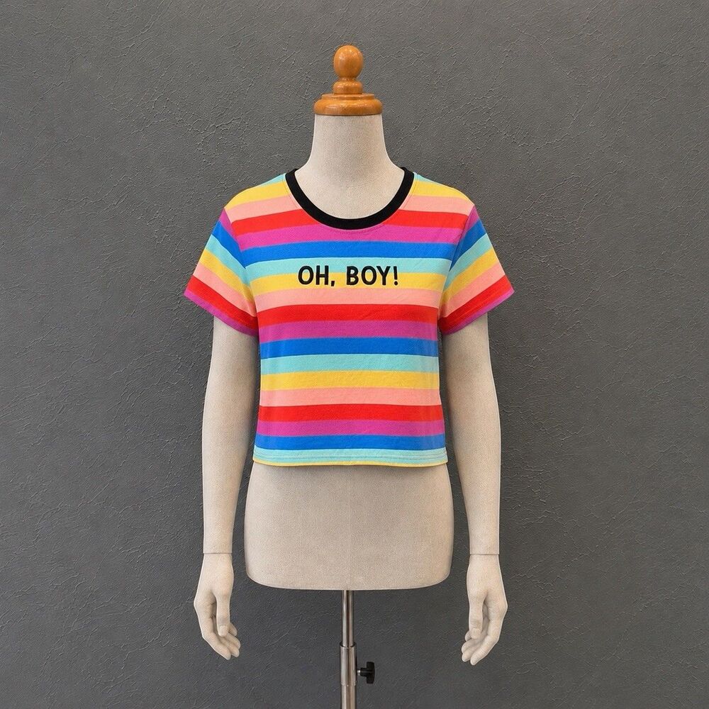 The Lost Bros Oh Boy Rainbow Stripe Crop Top Graphic Tee Shirt Colorful Small